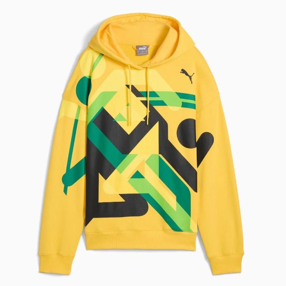 Puma Men's Vibrant Yellow and Green Graphic Hoodie